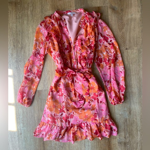LC Lauren Conrad Pink Orange Floral Ruffle Belted Mini Dress Size S garden party - Picture 1 of 4